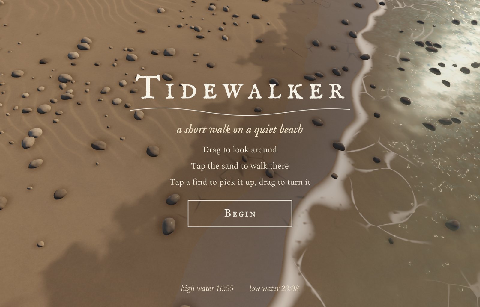 The start screen: the Tidewalker wordmark over a tide curve, with the next high and low water.